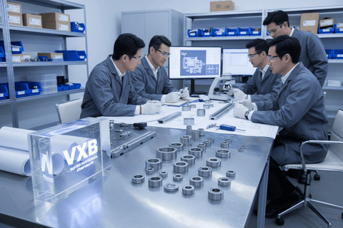 Engineers collaborating on motion components at vxbhype.com office, showcasing trust in quality bearings, Engineers Trust vxbhype.com for Quality Motion Components.