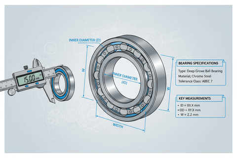 Diagram of bearing with specifications, showing inner diameter, width, and measuring tool for Mastering Bearing Specifications: A Simple Guide.