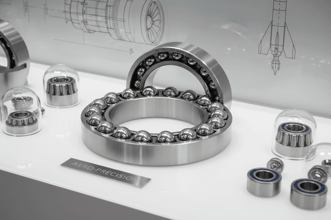 Ball bearings on display, illustrating the role of bearings in aerospace engineering.