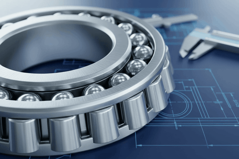 The Importance of Bearing Quality in Your Projects illustrated with a close-up of a roller bearing on a technical blueprint.