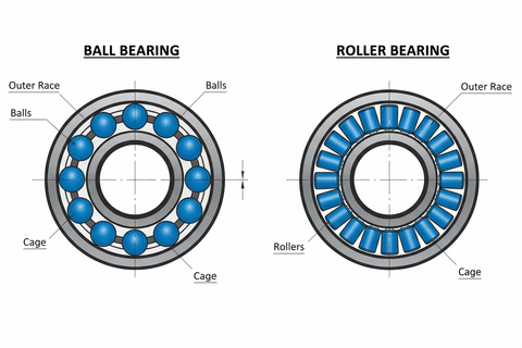 Ilustración en la que se comparan los diseños de los rodamientos de bolas y roller , fundamental para comprender el impacto del diseño de los rodamientos en el rendimiento.