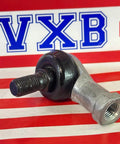Close-up of SQL12RS L-Ball Rod Ends 12mm Bore with metal construction and M12x1.25 thread, displayed on red and white background.