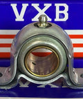 Front view of 7/8 BEH14G Extra Strength Pillow Block Mounted Bearing with VXB branding, 13-gage galvanized steel, and grease fittings.