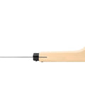 Side view of K202 Lavender Harvest Sickle And Berry Knife with notched wooden handle and 6.5-inch serrated blade.