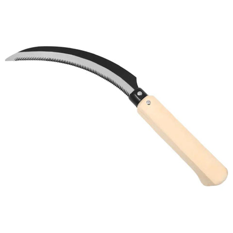 K202 Lavender Harvest Sickle And Berry Knife With Notched Wooden Handle, featuring a six point five inch curved serrated blade.
