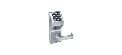 Satin Chrome Trilogy Cylindrical Privacy Lock With Standard Key Bypass And Digital Keypad For Offices, sleek design with numeric keypad.