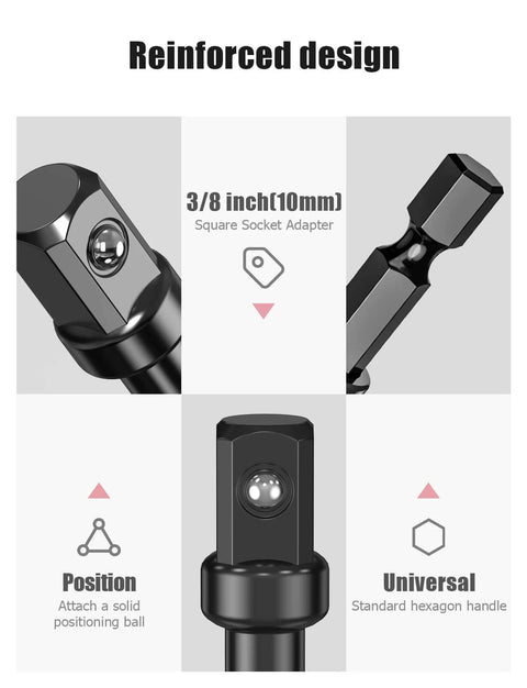 Image showing reinforced design of 3/8 Impact Adapter, 4 Pack Socket Adapter 1/4 Inch to 3/8 Socket Adapter Kit for impact driver