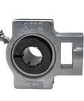 Front view of UET208NP Accu-Loc Wide Slot 40mm Take-Up Unit, Nickel Plated Cast Iron Housing, Sealed Ball Bearing Insert, Concentric Collar Locking