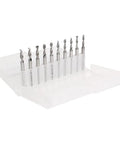 Ten alloy twist bits on white tray, PCB Drill Bit Set For Tiny Holes 0.2mm To 3.175mm, Mini CNC Ready, 10-Piece Kit, 38mm Length