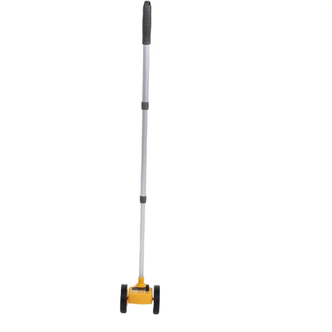 Jiawu Measuring Wheel Lightweight Accurate Distance Tool for Construction Landscaping Projects, Dual 4in Rolling Wheel with Telescopic Rod and Amateurs standing upright with a silver and yellow design.