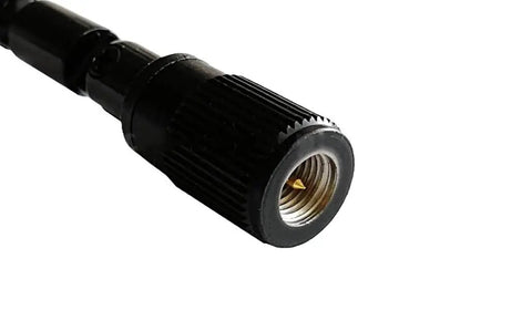 Close-up of SMA male connector on SMA W100RX2 Telescopic Handheld Antenna For 2M And 70cm Dual Band Ham Radios, stainless steel whip.