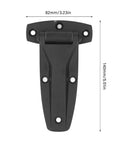 Built Tough 5.51 Inch Matte Black Zinc Alloy Soft Close T Strap Hinge No Slam Corner Bracket with measurements and mounting holes.
