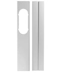 Super Cool Silver Finish Window Plate Assembly Pack Of 2 With Adjustable Hardware To Make Your Renter Life Easier And Secure Fit Perfect For Air Cond Units. Two silver aluminum AC window plates with cutout for installation.