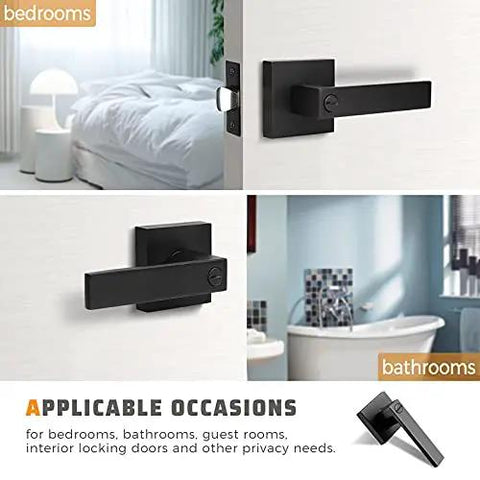 Eight Piece Matte Black Interior Privacy Door Knobs With Thumb Turn Lock, Rock Solid Square Lever Handles, Zero Hassle Easy Install For Bedroom Home Decor on interior doors.
