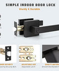 Eight Piece Matte Black Interior Privacy Door Knobs With Thumb Turn Lock, Rock Solid Square Lever Handles, Zero Hassle Easy Install For Bedroom Home Decor, showing adjustable indoor door lock.