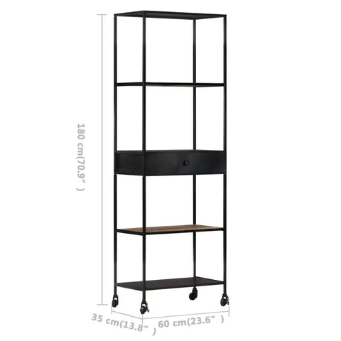 Rough Mango Wood And Iron Four Shelf Bookcase With Drawer Tall 70.9 Inch Industrial Farmhouse Style with black iron frame