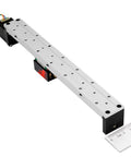 Compact Mini Linear Rail Kit With CNC Screw Drive And Nema 14 Stepper Motor 250mm Stroke, shown with metric ruler for scale