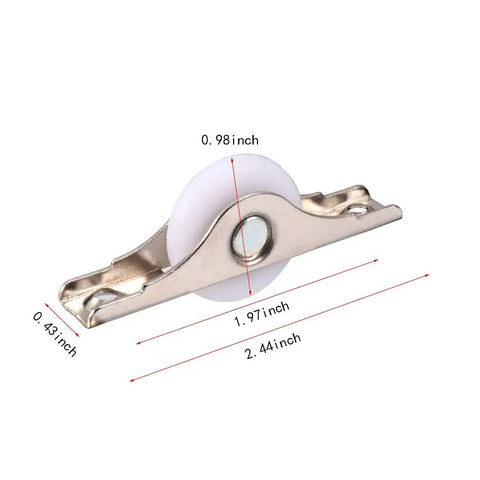 8 Pack Rock Hard Nylon Slider Wheel Replacement Pulleys for Walk in Closets Cabinet and Chiller Doors Smooth Rolling Track Upgrade with Easy Peasy Snap Fit Design Durable Abs Build for Hotel and Restaurant Fixups, showing dimensions.