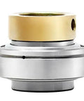 Rock Solid Heavy Duty 1-1/4 Inch Bore Insert Bearing With Square Flange And Cap Screws, showing a silver and gold assembly.