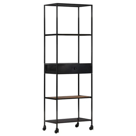 Rough Mango Wood And Iron Four Shelf Bookcase With Drawer Tall 70.9 Inch Industrial Farmhouse Style Storage with black iron frame