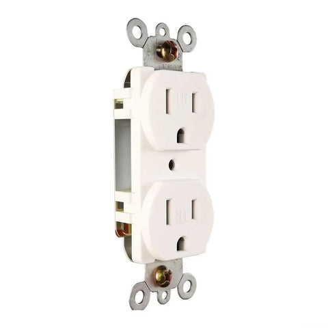 Top Tier Sturdy Heavy Duty 15A 125V Dual Wall Outlet Socket Compatible With Nema 5 15R showing white dual plug mount design.