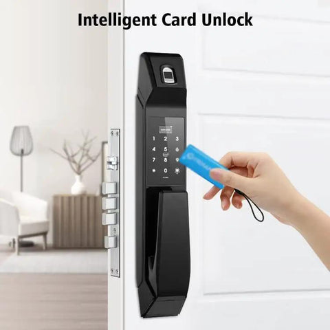 Hella Tight Heavy Duty Fully Automatic Smart Door Lock With Fingerprint Scanner Digital Keypad RFID Card Entry installation view.