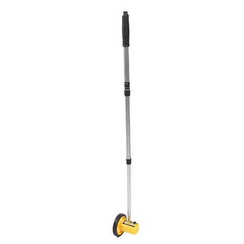 Jiawu Measuring Wheel Portable Extendable Accurate Metric Rolling Measurement Wheel for Construction, upright view with yellow wheel.