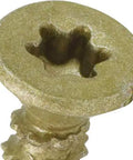 Close-up of All Purpose Multi Material Flat Head Screws Epoxy Coated Bronze Steel For Wood Metal Concrete Drywall And Plastic No Pre Drilling Required #6 x 5/8 Inch showing detailed head design.