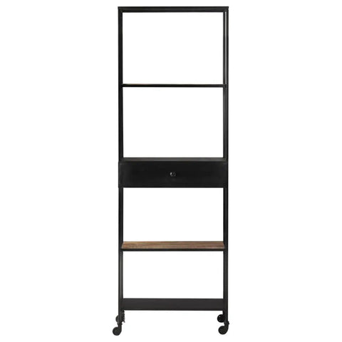 Rough Mango Wood And Iron Four Shelf Bookcase With Drawer Tall 70.9 Inch Industrial Farmhouse Style Storage, front view on white background.