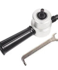 Double Head Sheet Metal Nibbler Cutter Holder Tool Power Drill Attachment with wrench, durable steel construction, close-up view.