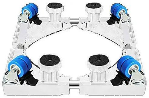 Universal Washing Machine Caster Base With Heavy Duty Glide Rollers, sturdy white plastic base with blue rubber wheels for easy mobility.