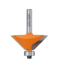 Chamfer Router Bit With 1/4 Inch Shank, 25/32 Inch Diameter, 45 Degree Bevel, 23/32 Inch Cutting Length, Nonstick Orange Shield Coating.