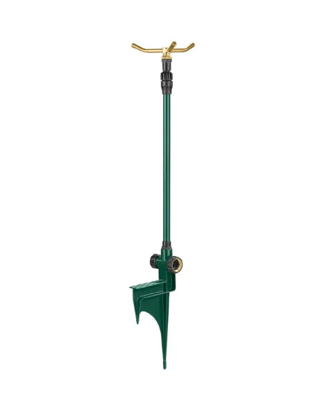 Three Arm High Rise Sprinkler With Telescoping Base for Mid Sized Yard Coverage, 50 Foot Spray Diameter, brass three-arm visible.