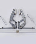 Vertical Lift Operated Hinge Set for Overhead Cabinets parts displayed on white background.