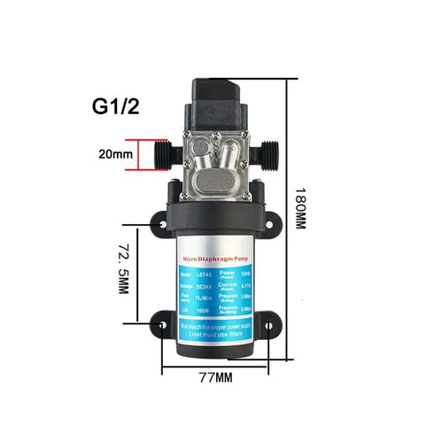 Compact 24V Automatic Electric Diaphragm Water Pressure Pump Control Unit, lightweight design, dimensions displayed in image