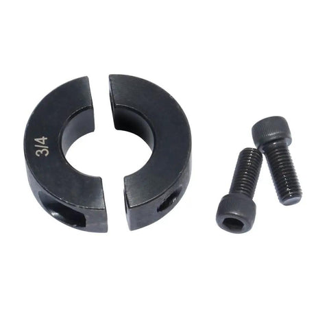 Two Piece Clamp Shaft Collar For One Inch Bore, Carbon Steel, Oxide Black Finish, Outside Diameter One Point Seven Five Inches, Width Half Inch, Pack Of Two shown disassembled with screws.