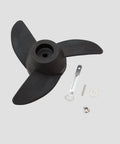 Three Blade Prop For Electric Trolling Motors Fit 55Lb 62Lb 86Lb Outboard Trolling Motors Weedless Design For Shallow Water Speed And Efficiency Includes Prop Nut And Pin High Strength Nylon Three Point Five Inch Hub displayed with accessories on grey background