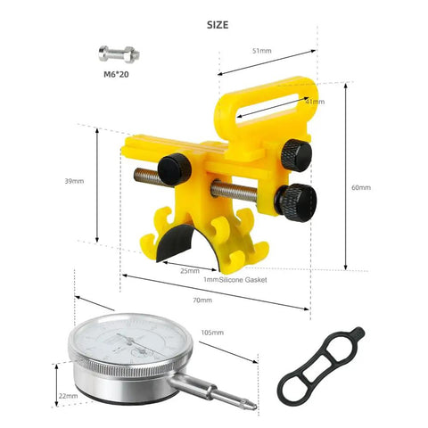 Yellow Beast Pro Grade Bike Wheel Truing Stand with percentage table, silicone belt, and precision adjustment tool, sizes labeled