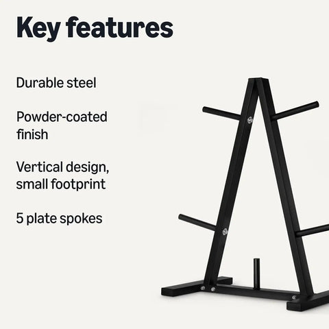 Heavy Duty Five Spoke Weight Plate Tree Rack For One Inch Plates, black powder-coated steel, vertical design, 5 plate spokes.