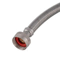 Close-up of a braided stainless steel hose end with elbow fitting, part of the Two 5 Ft Braided Stainless Steel Washing Machine Hoses With Elbows Pack Of 2 3/4 Inch FHT X 3/4 Inch FHT Full Flow High Pressure Connectors Built For Leak Free Water Supply