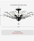 Vintage Six Light Branch Flush Mount Ceiling Light In Black With Crystal Bling Accents For Living Room Bedroom Dining Room Farmhouse Style Chandelier Fixture For Kitchen Office And Restaurants, depicted with measurements and design details.