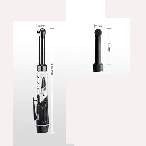 Compact Electric Ratchet Wrench With 90-degree Right Angle Long Neck Design For Tight Spaces Cordless Power Tool High Torque Rechargeable Battery Heavy Duty Truss Fastening Adjustable Socket Driver showing size dimensions.