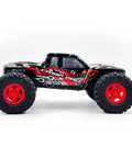 Side view of 1/18 RC Crawler Pro Juice Up Edition RTR With HBW Electronics, 2.4GHz 4CH Radio, Brushless Power, red wheels.