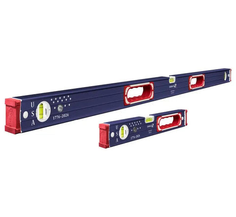 Pro Grade 48 And 16 Inch Precision Level Set With Shock Absorbing End Caps Patriotic Red White Blue Design and Bullseye Vials.