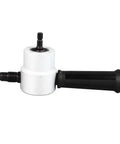 Double Head Sheet Metal Cutter Nibbler Drill Attachment For Smooth Burr Free Cuts With 360 Degree Cutting Heads, side view.