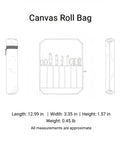Illustration of Canvas Knife Roll With Handle Portable Chef Tool Organizer showing dimensions and compartments