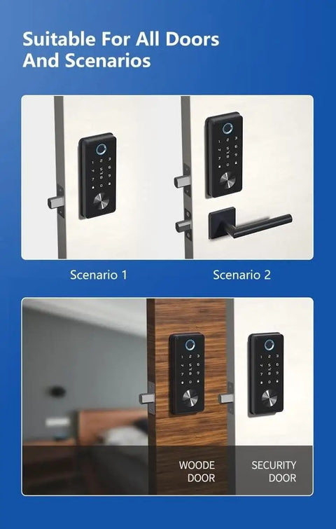 Next Level Smart Lock App Controlled Electronic Deadbolt Door Lock Offering No Stress Entry And Top Shelf Visitor Access For Reliable Daily Home Protection Black on wood and security doors.