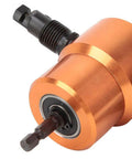 Close-up of 360 Degree Double Head Sheet Metal Cutter Nibbler Drill Attachment in orange metal.
