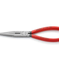 Long Nose Pliers With Cutter, 8-Inch, exhibiting red handles and pointed jaws, designed for precision and durability.