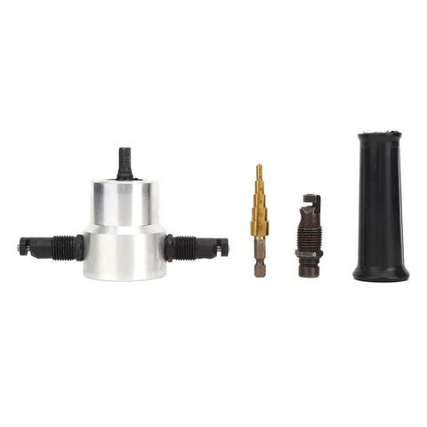 Pro Grade Double Head Metal Sheet Nibbler Cutter Drill Attachment Kit with 360 Degree Adjustable Head showing components against white background.